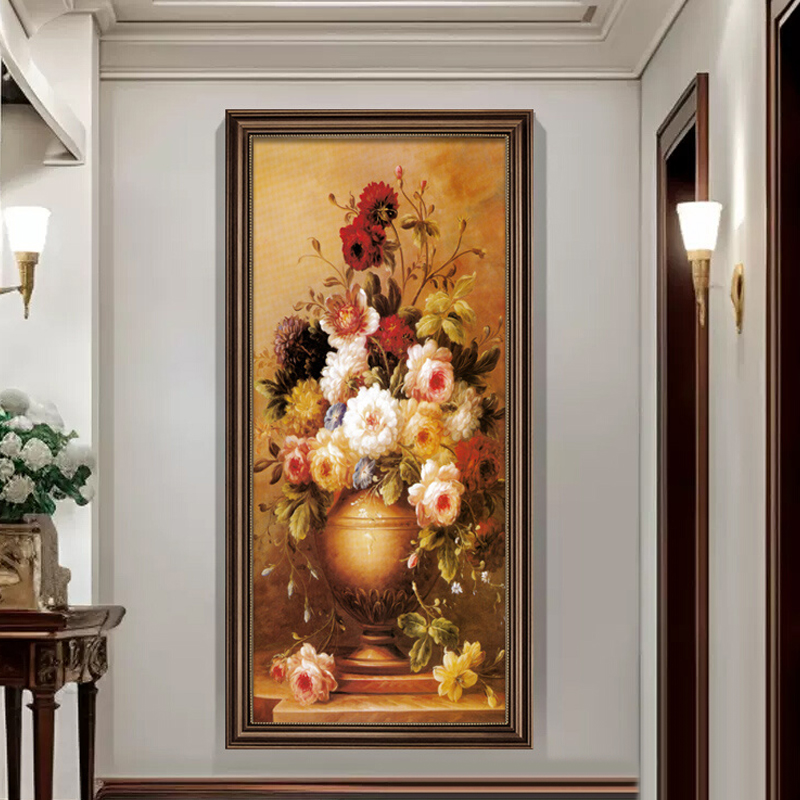 美式客厅入户玄关装饰画走廊过道楼梯花卉壁画欧式大气复古牡丹画图片
