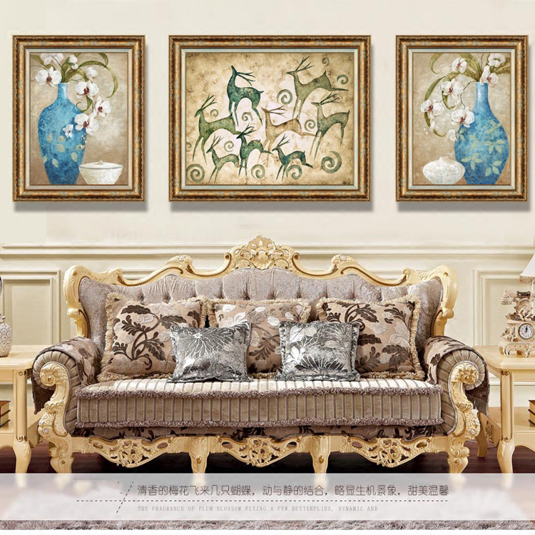 客厅装饰画欧式墙壁画美式古典有框画三联画组合别墅挂画富贵平安图片