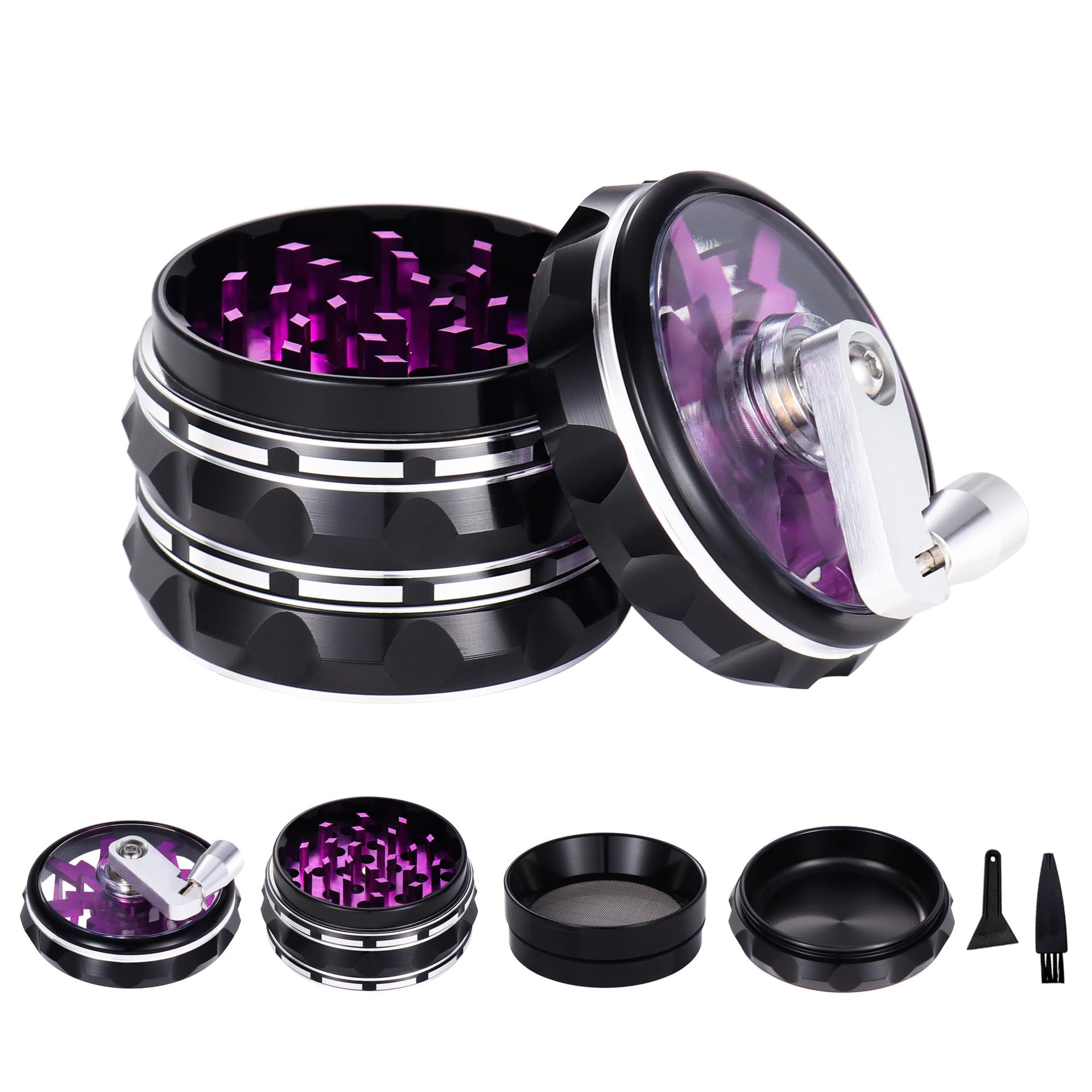 CNC闪电手摇磨烟器开窗63MM四层内齿条纹铝合金碎烟研磨器Grinder