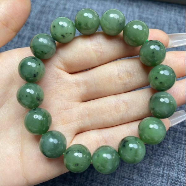 和田玉碧玉菠菜绿阳绿12mm圆珠手链手串珠带鉴定证