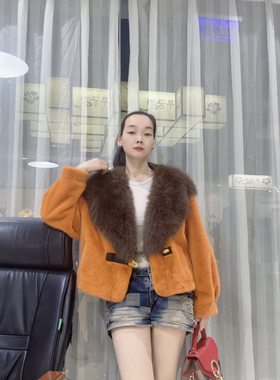 新款皮毛一体外套女短款小香风环保米兰貂欧貂绒时尚大毛领小款