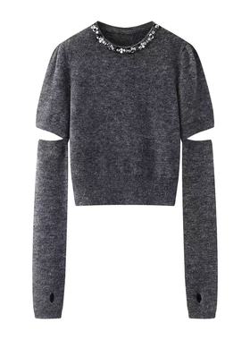 店艾诺丝2025冬季新款时尚百搭烫钻圆领可拆卸袖套针织衫AR804154