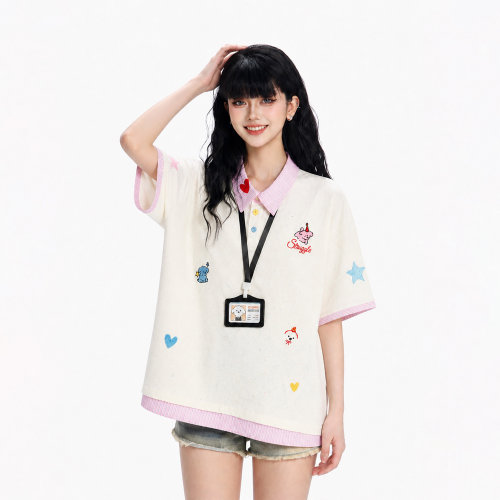 甜美彩色小狗刺绣假两件POLO衫女
