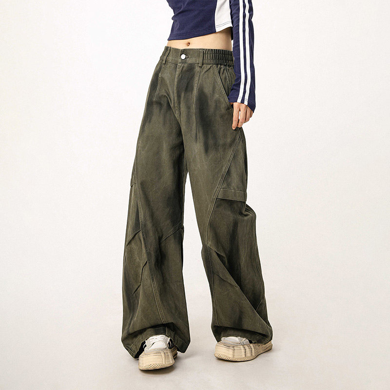 CTB啤酒队长 美式军绿色工装裤女宽松直筒弯刀阔腿休闲爵士舞裤子