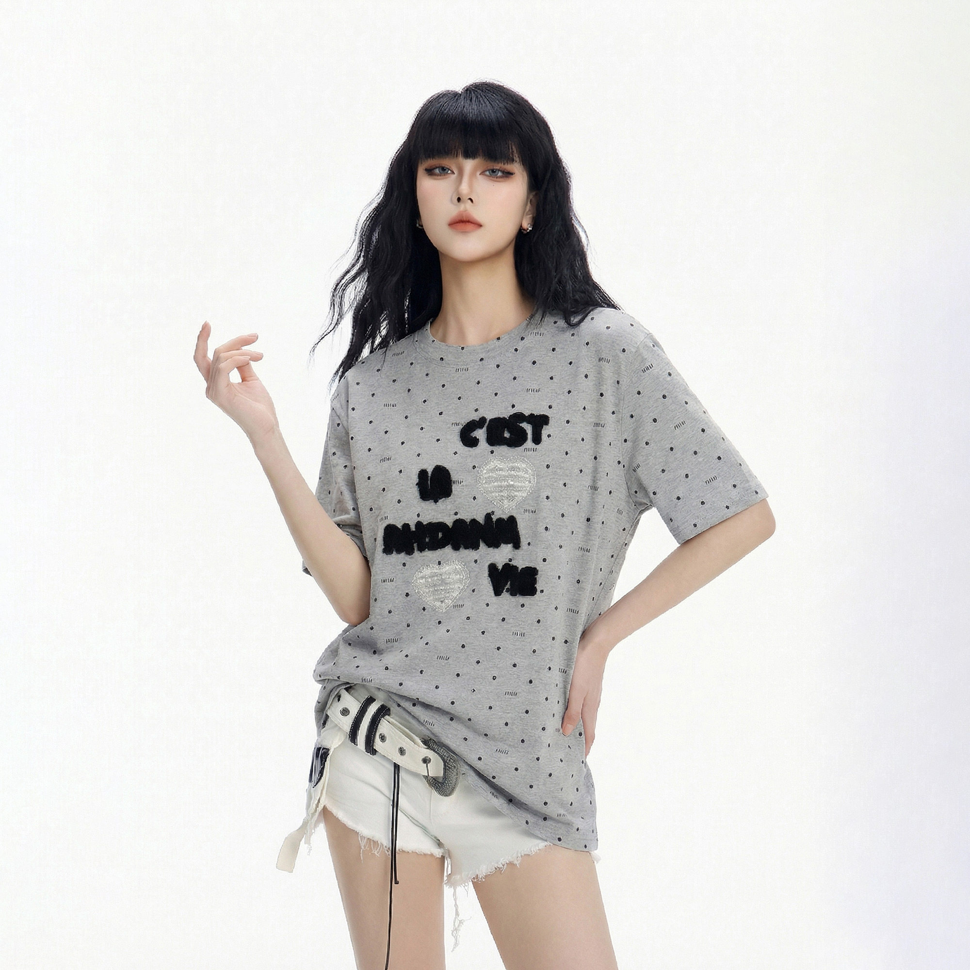 CTB啤酒队长夏季新款美式复古少女风字母毛巾绣波点宽松T恤女潮