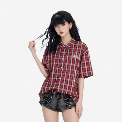 美式街头铆钉装饰格纹衬衫女复古