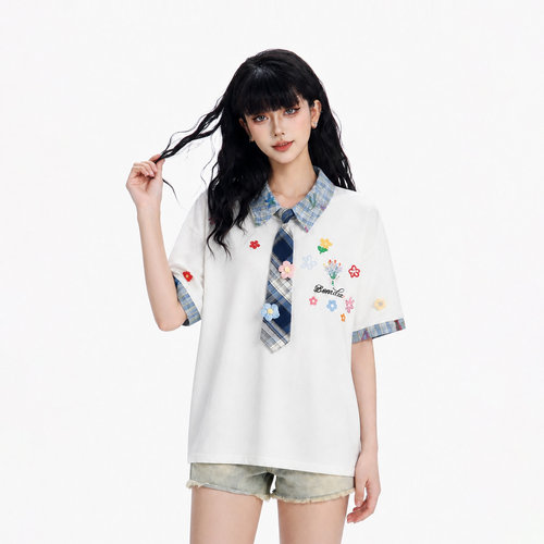 学院风格子拼接假两件T恤女