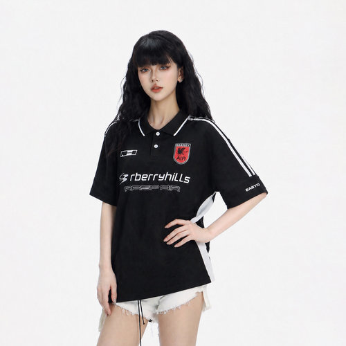 CTB啤酒队长 美式复古风侧条纹短袖T恤中性翻领POLO衫女宽松显瘦