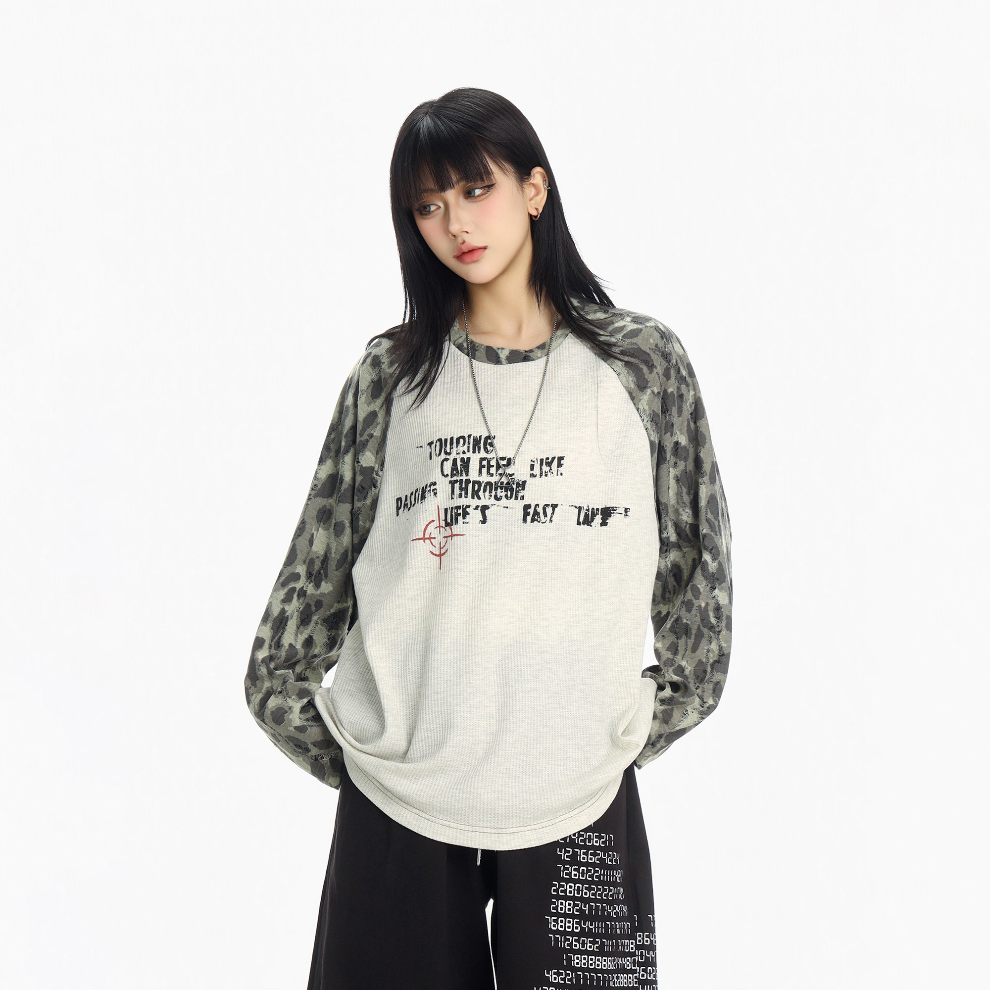CTB啤酒队长美式复古撞色拼接迷彩破洞长袖t恤女春oversize打底衫