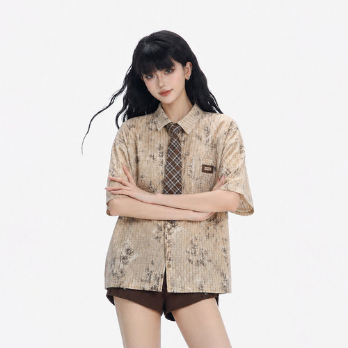 CTB啤酒队长复古vintage领带衬衫女港风碎花潮流宽松短袖衬衣夏