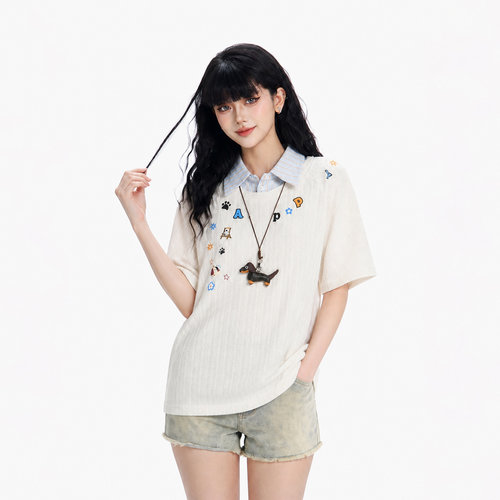 韩系少女风小狗刺绣短袖T恤女