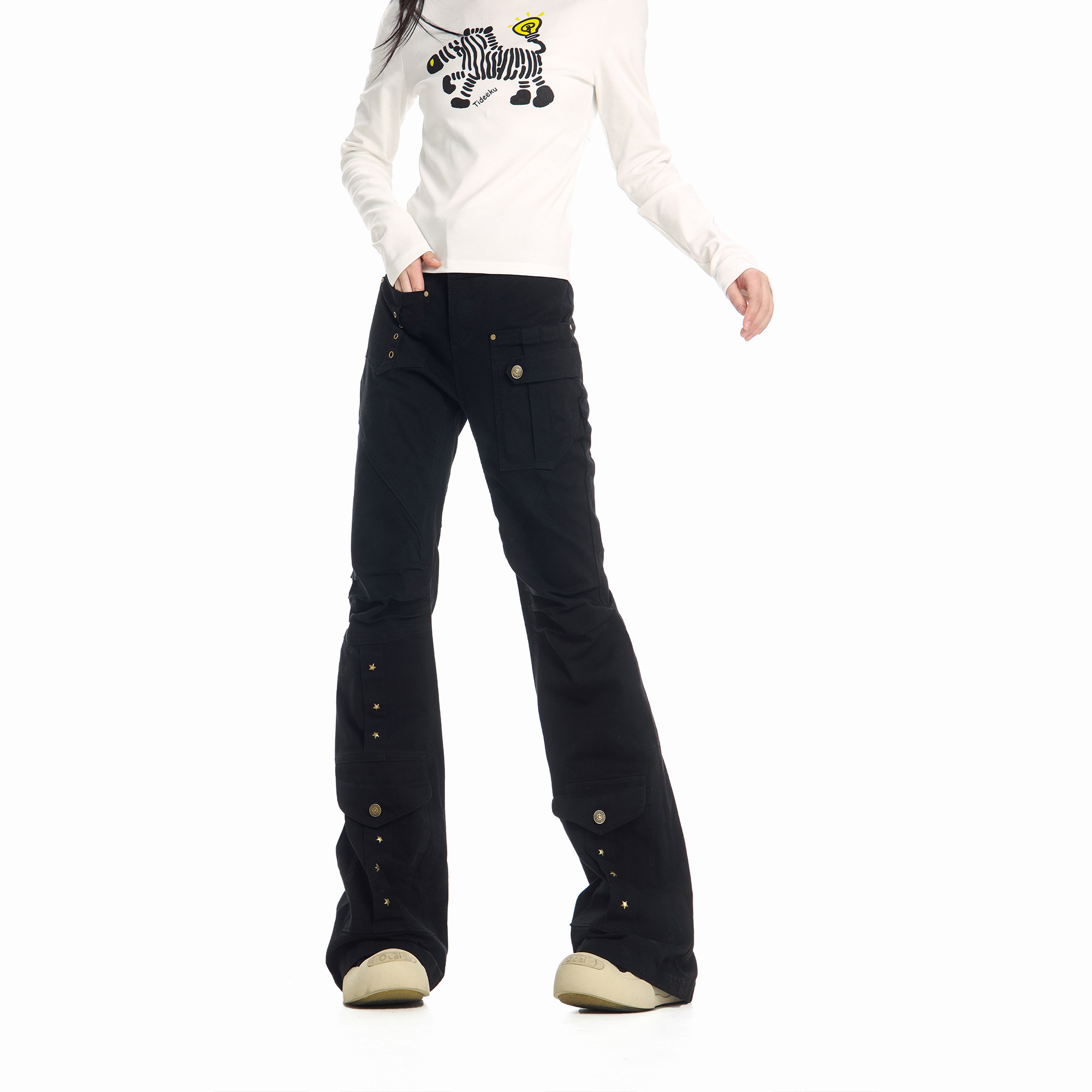 CTB啤酒队长美式高街微喇工装裤女朋克重磅铆钉拼接多口袋直筒裤