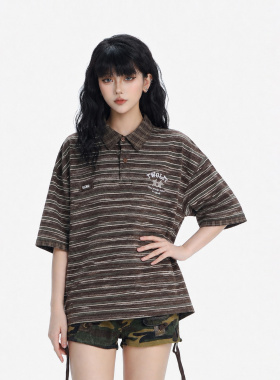 CTB啤酒队长美式街头刺绣条纹短袖POLO衫女宽松情侣休闲百搭T恤夏