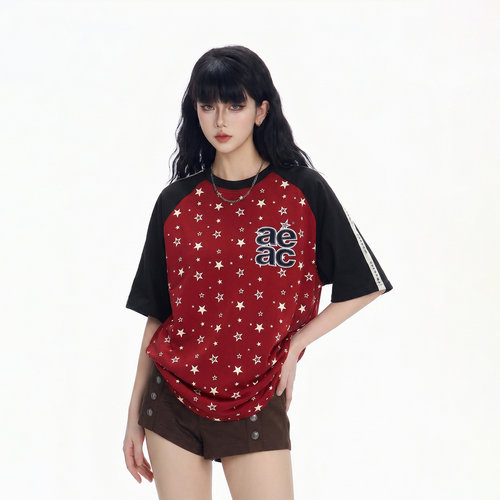 美式复古红黑撞色插肩袖T恤女