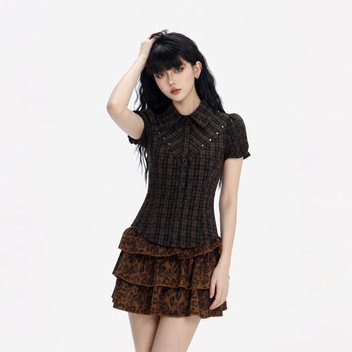 CTB啤酒队长 美式复古灰格子短袖衬衫女Y2K铆钉设计感修身衬衣ins