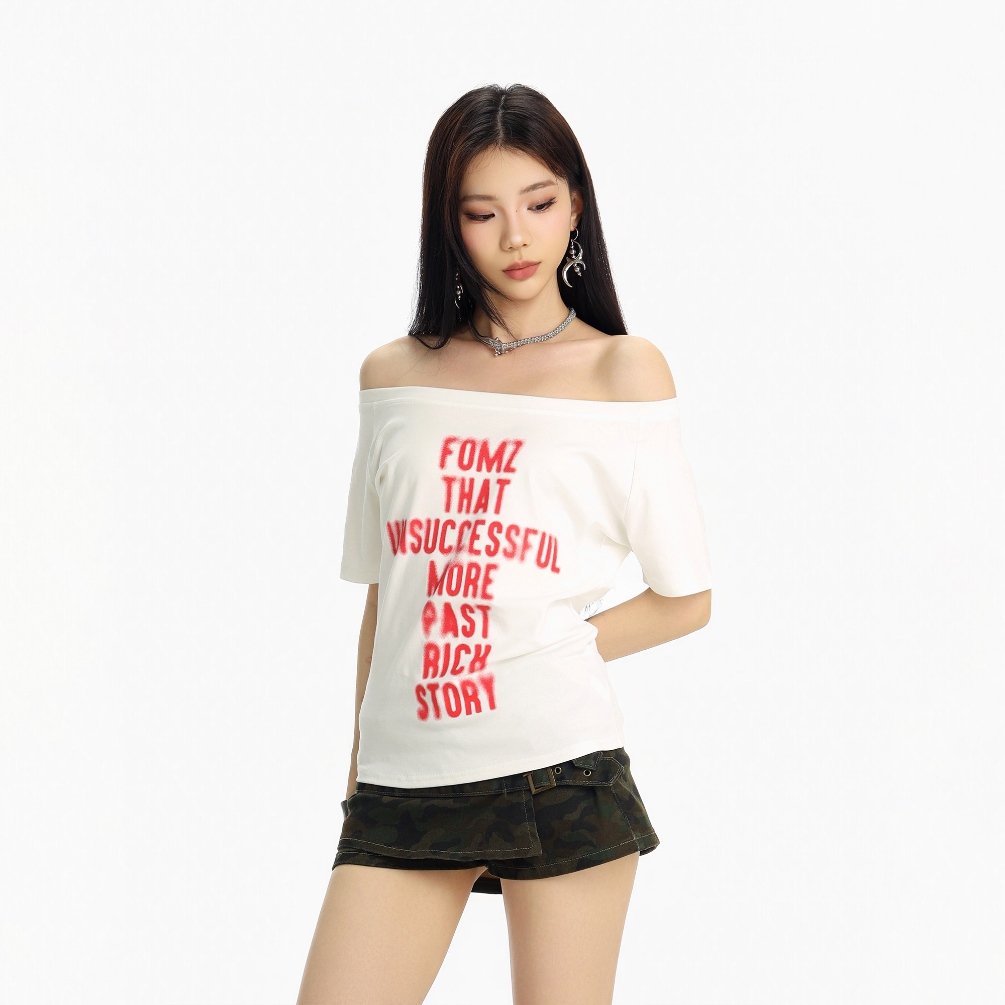 CTB啤酒队长夏季新款美式字母十字印花T恤女显瘦斜肩辣妹短上衣潮