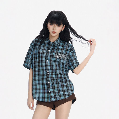 美式复古蓝黑格纹短袖衬衫女字母