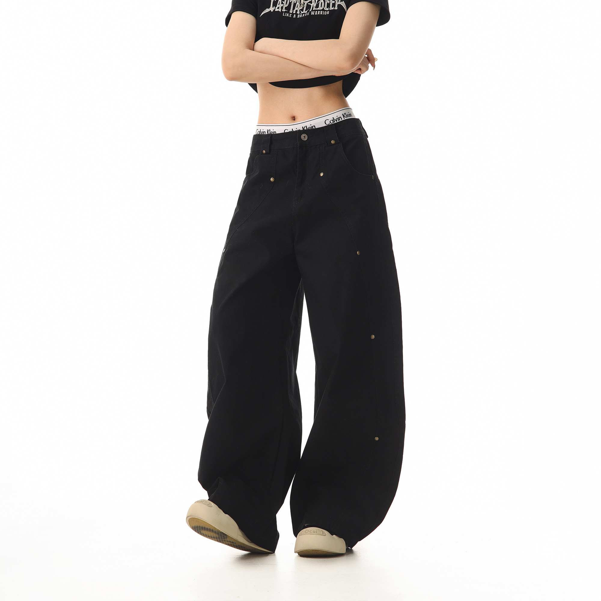 CTB啤酒队长美式解构廓形铆钉设计感弯刀工装裤女做旧宽松阔腿裤