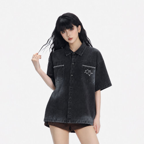 美式复古水洗牛仔短袖衬衫女街头