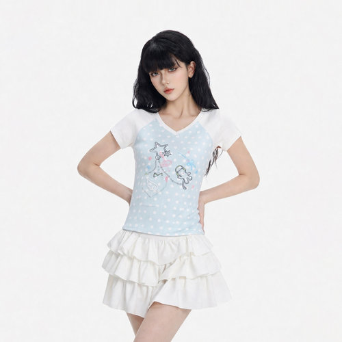 日系甜妹风星星印花V领短袖T恤女