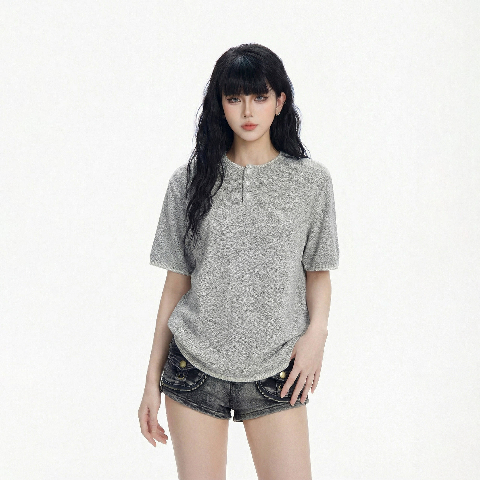 CTB啤酒队长夏季新款透气短袖针织衫女高级感复古亨利领宽松T恤潮