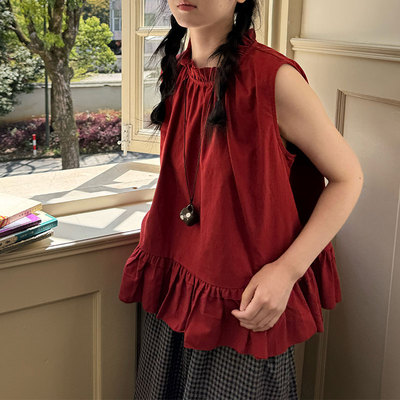 peri sea“酒心羊皮卷”复古红无袖亚麻下摆荷叶边小衫