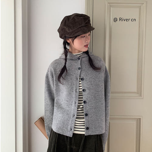 peri sea  100%羊毛连帽斗篷式格雷系毛衣厚实开衫