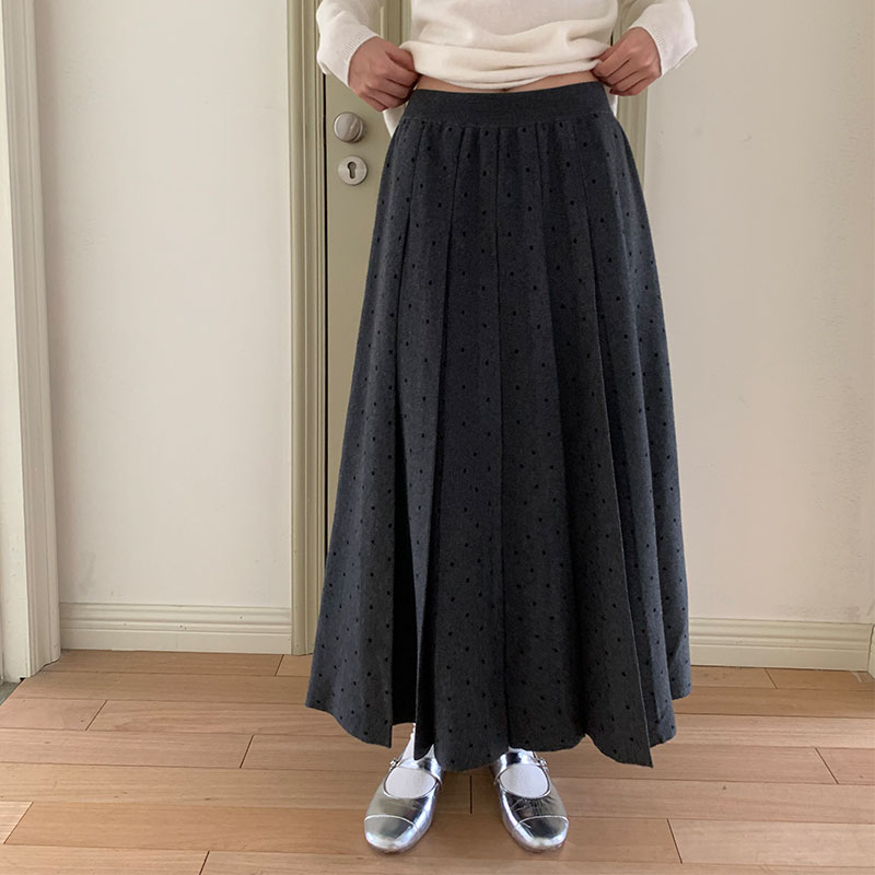 peri sea 针织灰底黑波点显瘦百褶中长裙