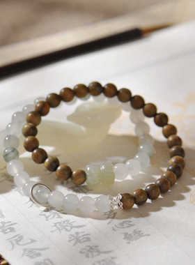 天然绿檀木s925纯银双圈手链女新中式双蒂莲天山冰翠轻奢手串