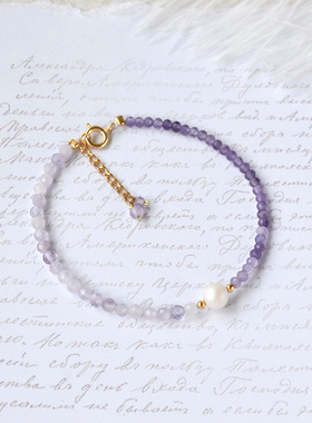 生辰石温柔简约纤细2MM天然紫水晶珍珠铜不掉色手链女生节日礼物