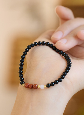 天然4MM黑玛瑙南红玛瑙细手链