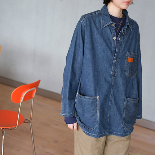 美式复古宽松翻领多口袋牛仔衬衫