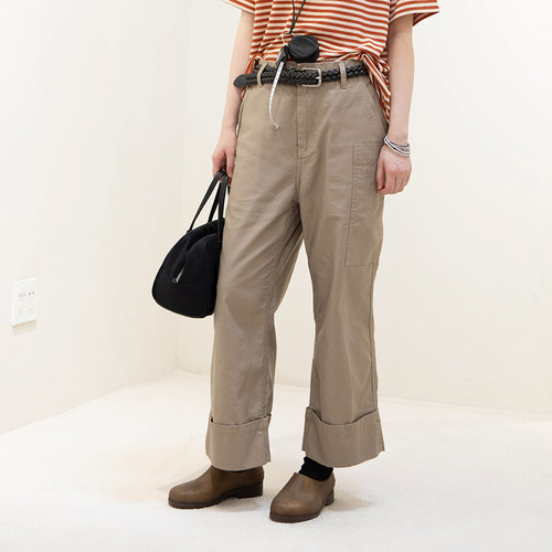 松紧中腰九分卡其裤女