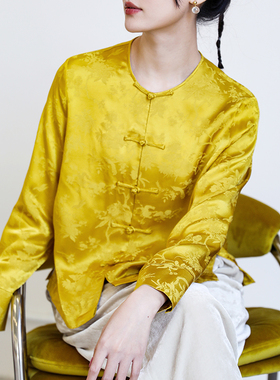 桃知窈窈2023春夏/蜜语 文艺中式花鸟纹圆领长袖短款盘扣衬衫