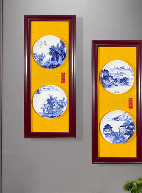 中式壁挂木框陶瓷画客厅餐厅玄关