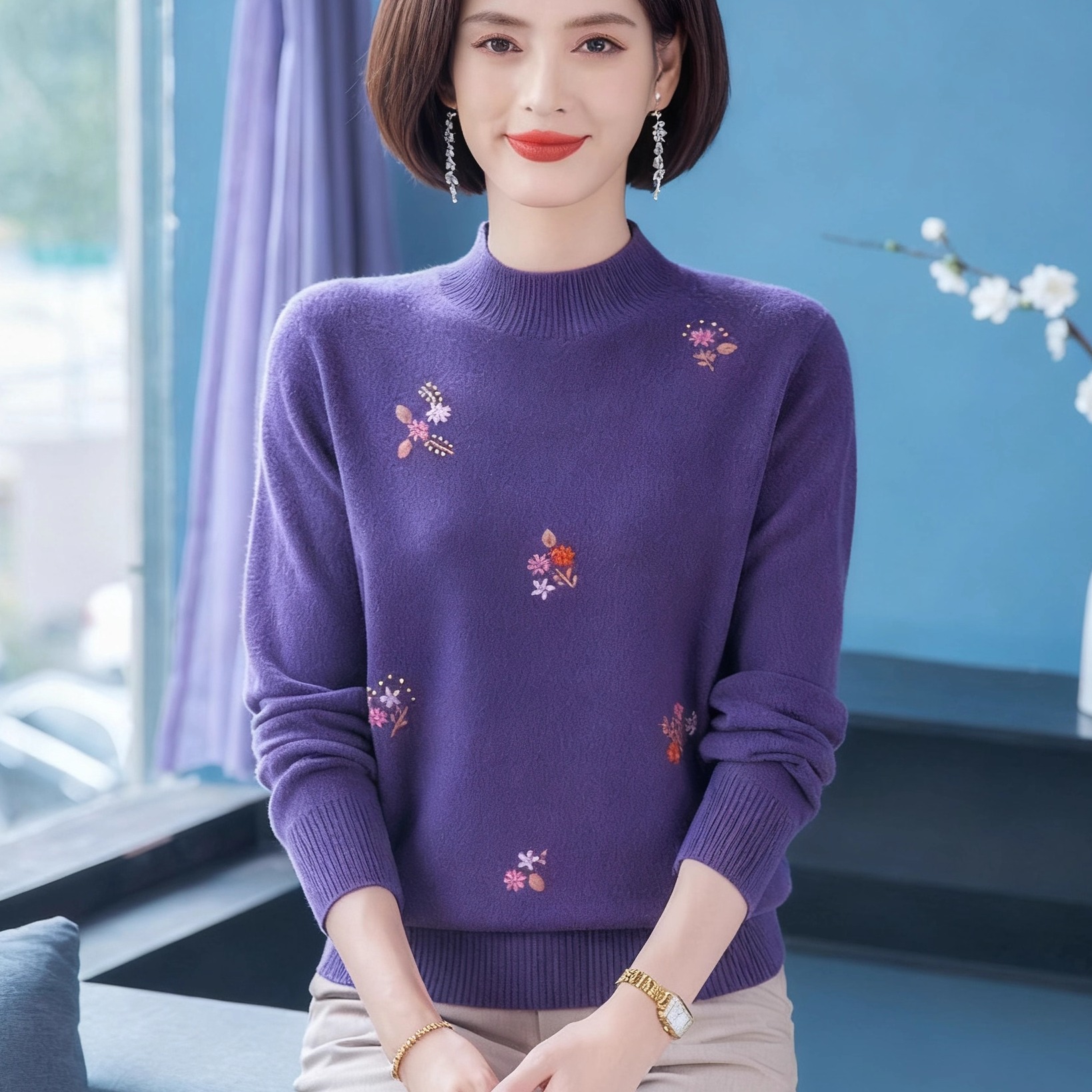 中年妈妈衫女秋冬新款绣花女中老年女士半高领宽松打底衫上衣
