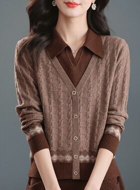 2025新款针织衫打底上衣女毛衣假两件翻领遮肉时尚洋气宽松秋冬