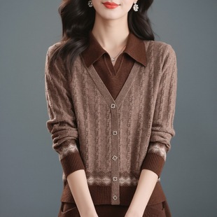 洋气宽松秋冬 打底上衣女毛衣假两件翻领遮肉时尚 2025新款 针织衫