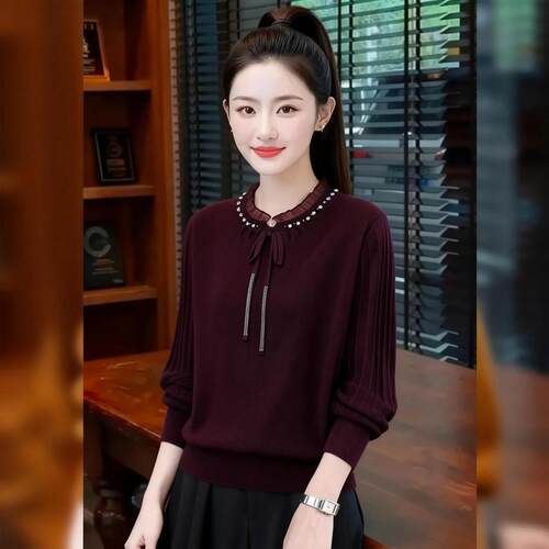 春秋新款圆领绑带针织衫女套头毛衣秋冬洋气减龄蕾丝打底衫上衣