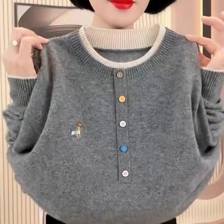 2025春秋新款圆领羊毛衫女中长款宽松显瘦针织打底衫毛衣外穿上衣