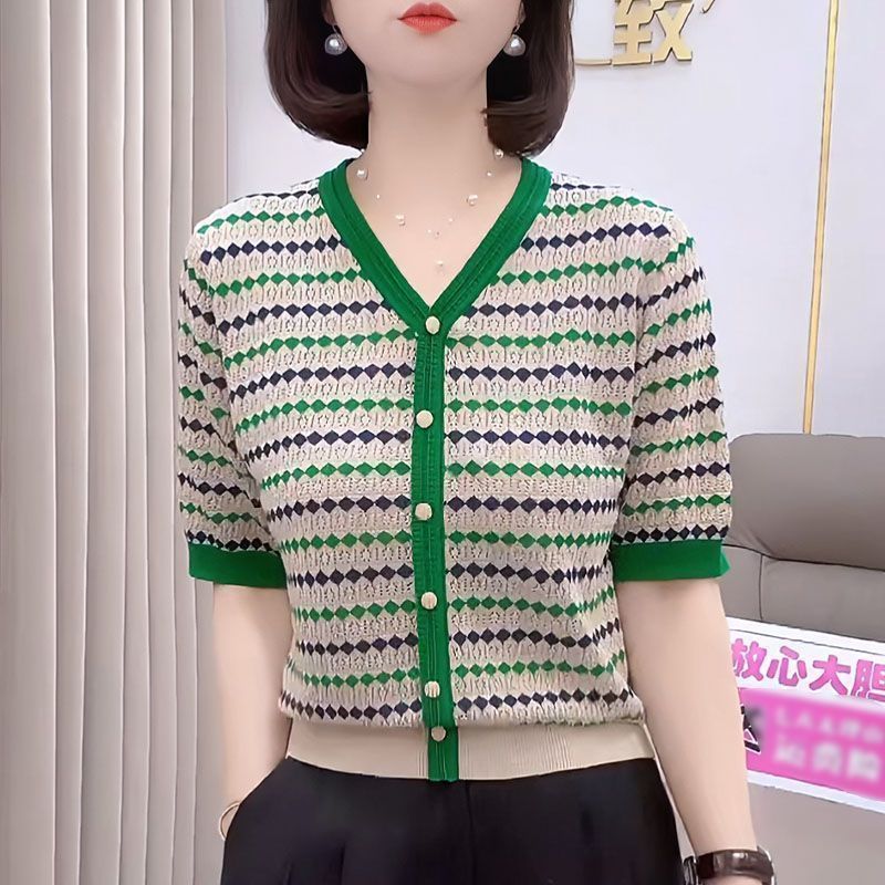 v领桑蚕丝短袖t恤女夏季宽松大码遮肚子显瘦时尚条纹冰丝针织上衣