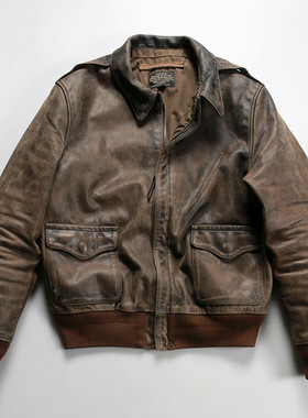 石磨做旧柔软黄牛皮外套美式复古A2飞行夹克男真皮翻领短款皮衣