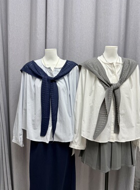 LZHOUSE 2025秋装新品 圆领宽松棉衬衫+针织镂空披肩