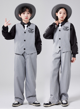 儿童爵士舞套装蓝色西装马甲locking潮服男女童街舞Popping演出服