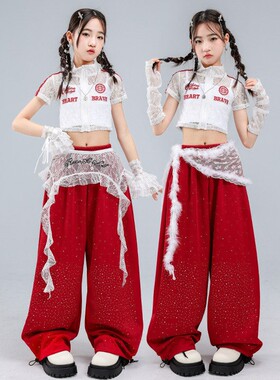 女童爵士舞服装炫酷街舞女孩红色闪钻舞蹈服jazz走秀炸街表演服女