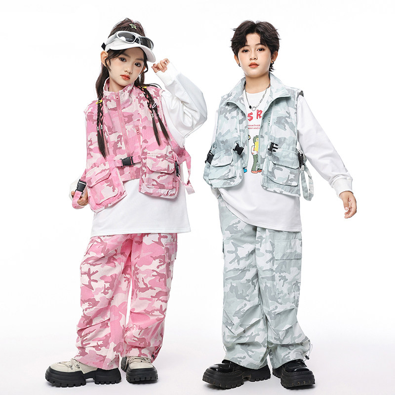 男女童街舞套装帅气潮迷彩裤马甲套装嘻哈街舞工装裤hiphop演出服