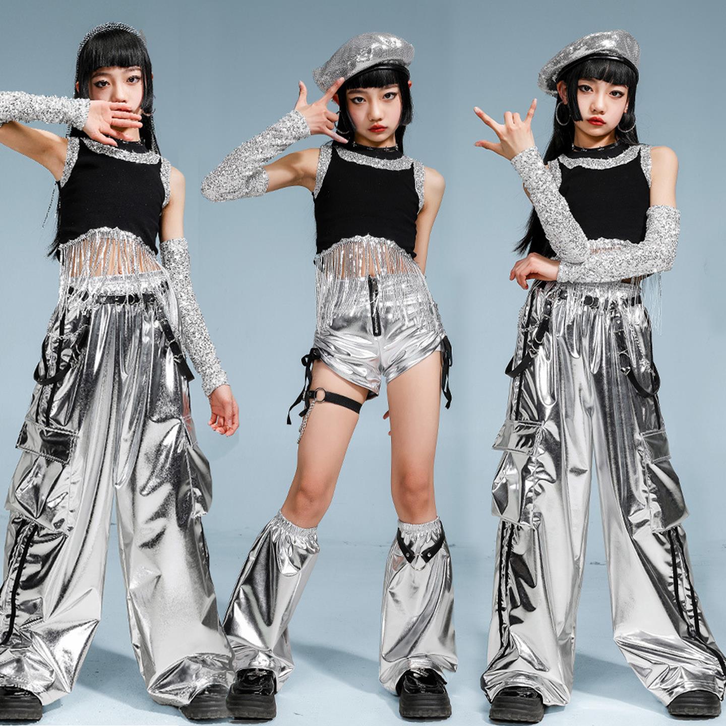 女童爵士舞服装露脐上衣银色裤子套装jazz嘻哈街舞六一儿童演出服