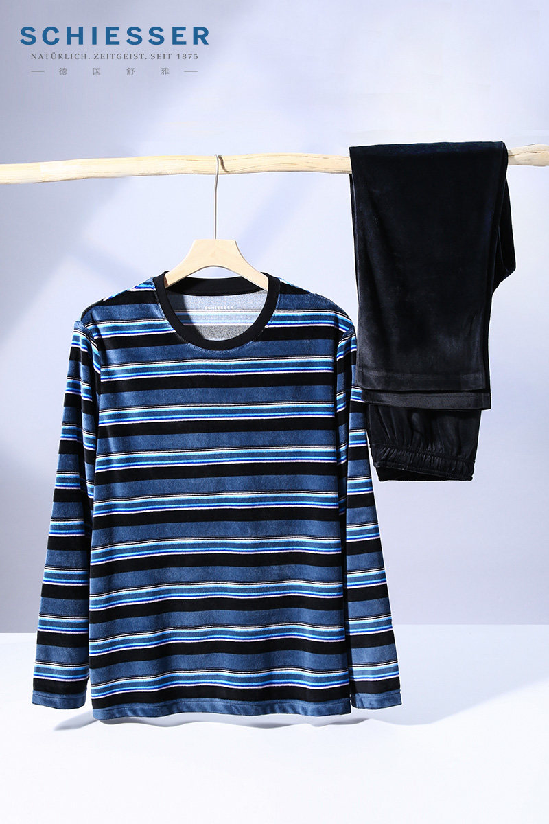 舒雅23秋冬新品 男士天鹅绒条纹印花睡衣家居服长袖套装21672H