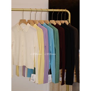 BBE礼贝 1117 美丽奴羊毛18针坑条小翻领百搭单排扣针织开衫