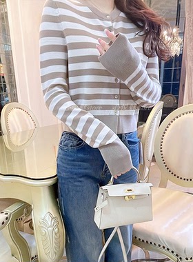 BBE系列 2024春季新款16针过笠士美丽奴羊毛条纹针织短上衣2029